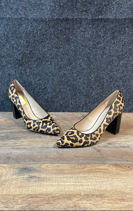 Franco Sarto Palma Leopard Calf Hair Pointed Toe Block Heel Pumps Size 6W