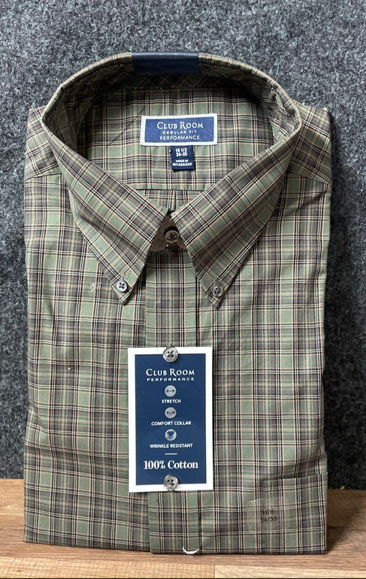 Club Room Men's NWT Performance Plaid Dress Shirt Green Sz 16.5 34/35
