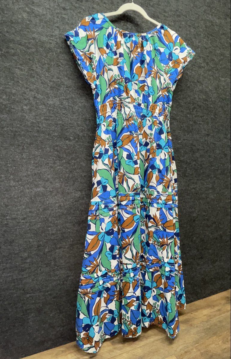 C&C California Women's Blue Tropical Floral Linen Blend Smocked Maxi Dress Sz S