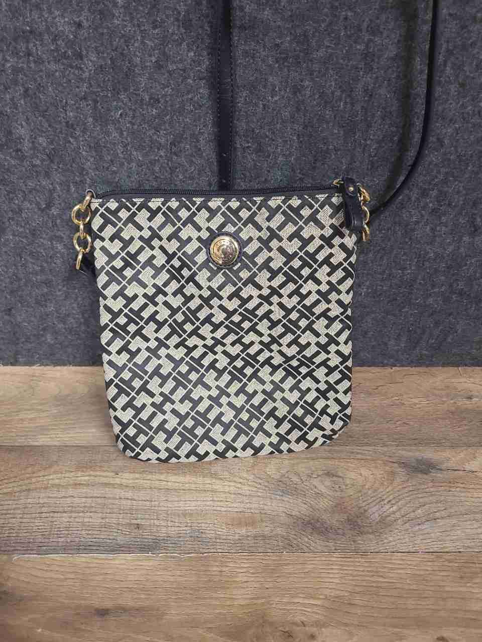 Tommy Hilfiger Navy Blue Cream Monogram Logo Crossbody Bag Gold Hardware