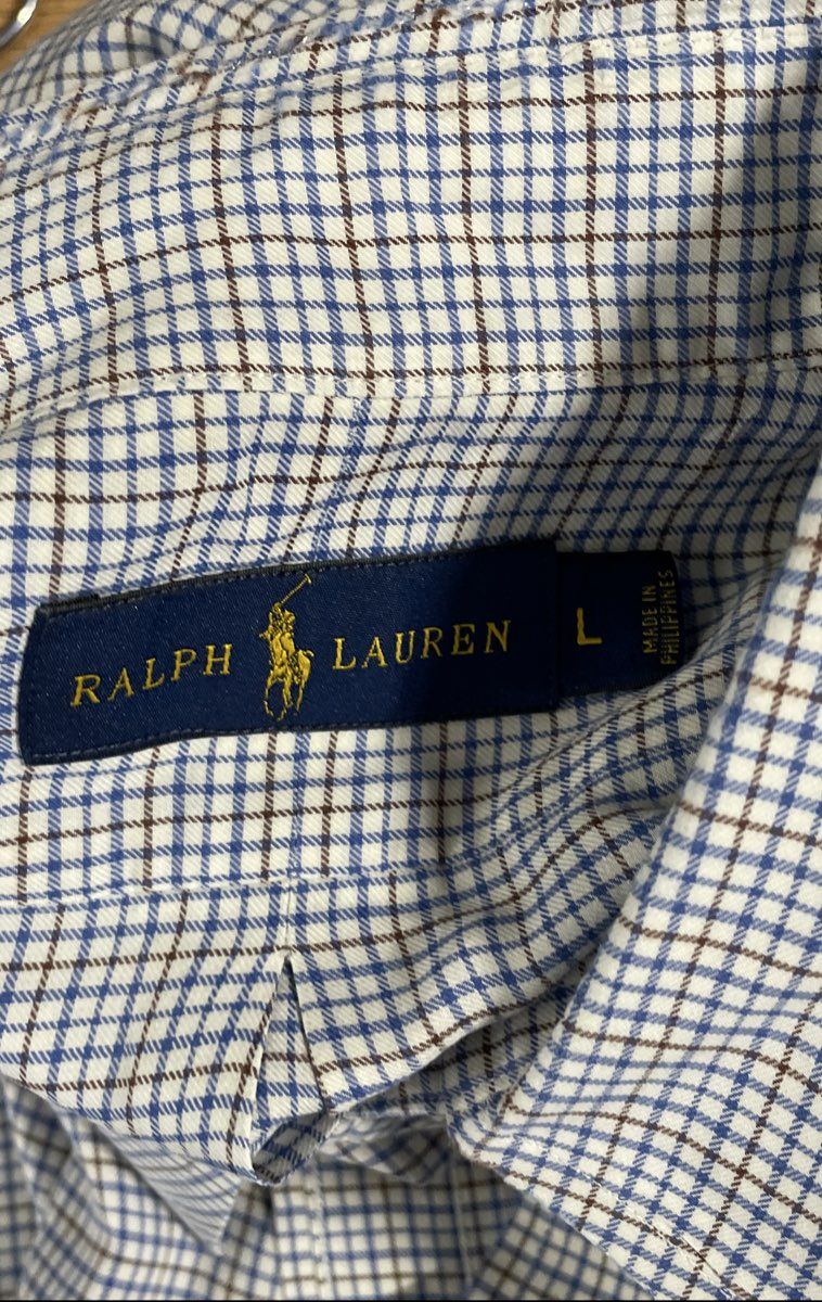 Ralph Lauren Men's Button Up Shirt Blue White Brown Check Cotton Long Sleeve L