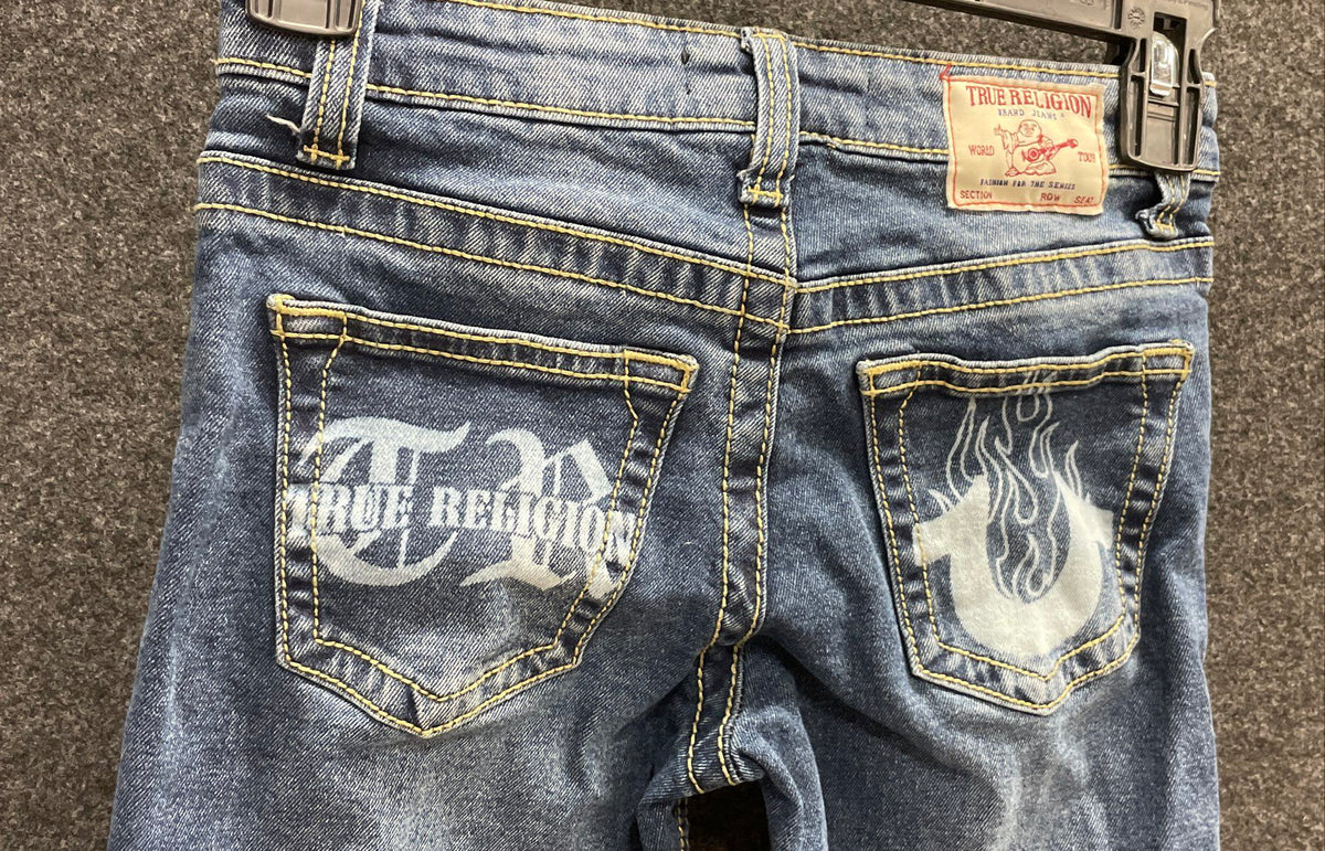 True Religion Boys Ricky Relaxed Straight Blue Jeans Flame Graphic Sz 8
