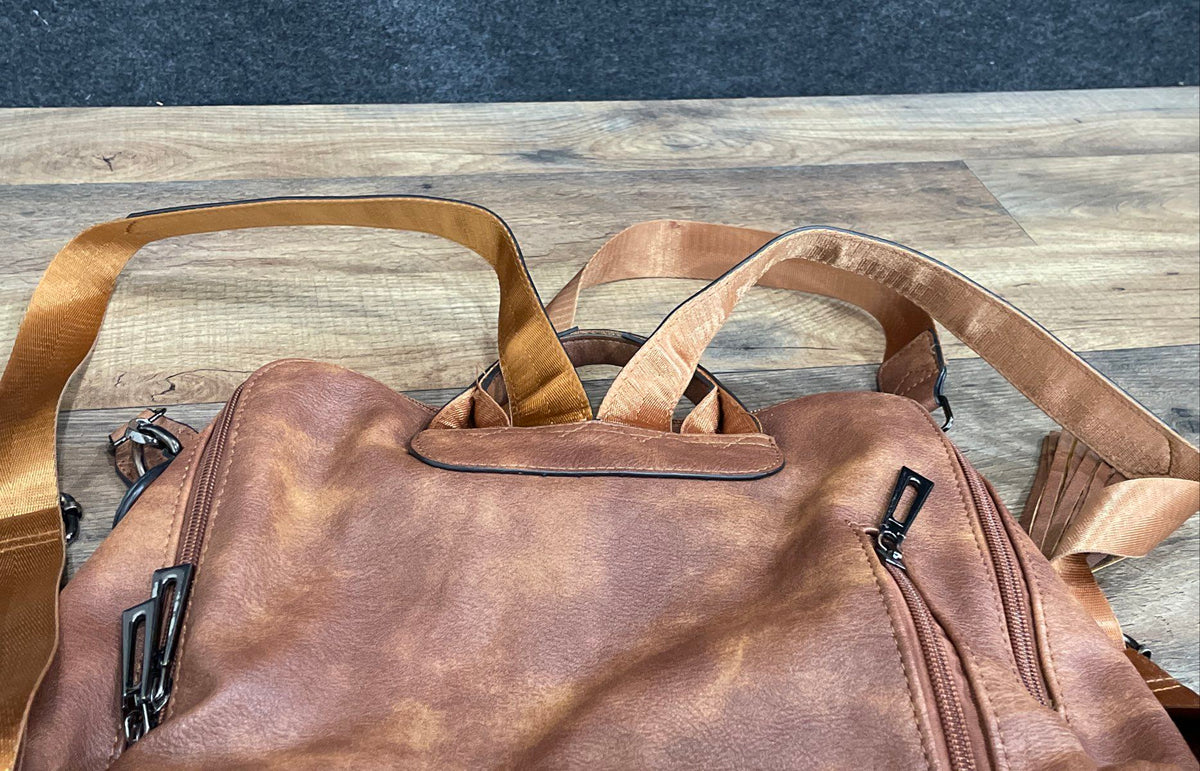 Cluci Brown Leather Backpack Multi-Pocket Convertible Shoulder Bag Tassel