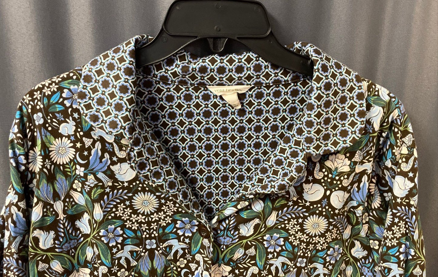 Vera Bradley Women's Brown Blue Botanical Animal Print Cotton Shirt Size L