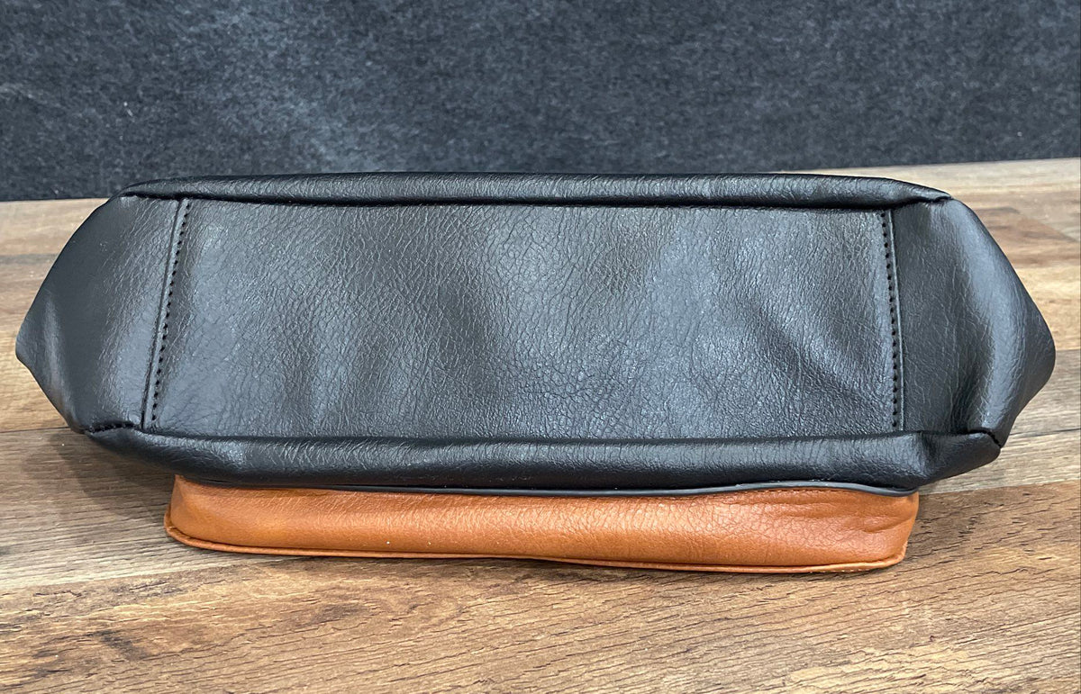 Rainsmore Black Brown Leather Multi-Pocket Shoulder Bag Silver Tone Hardware