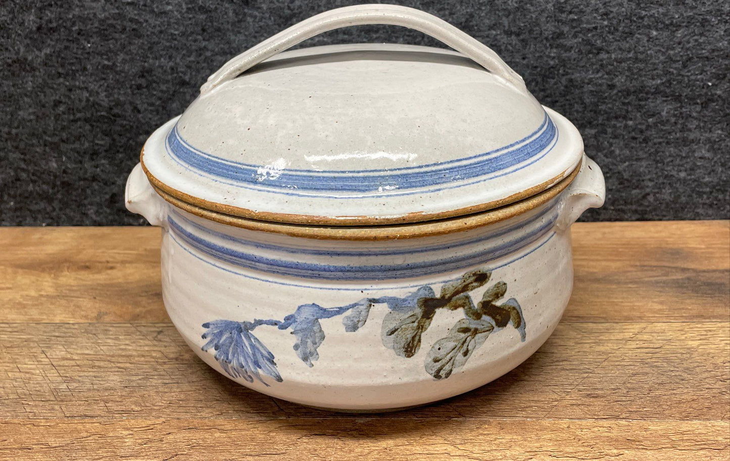 Vintage Studio Art Pottery Casserole Dish Lidded Stoneware Blue Floral Signed