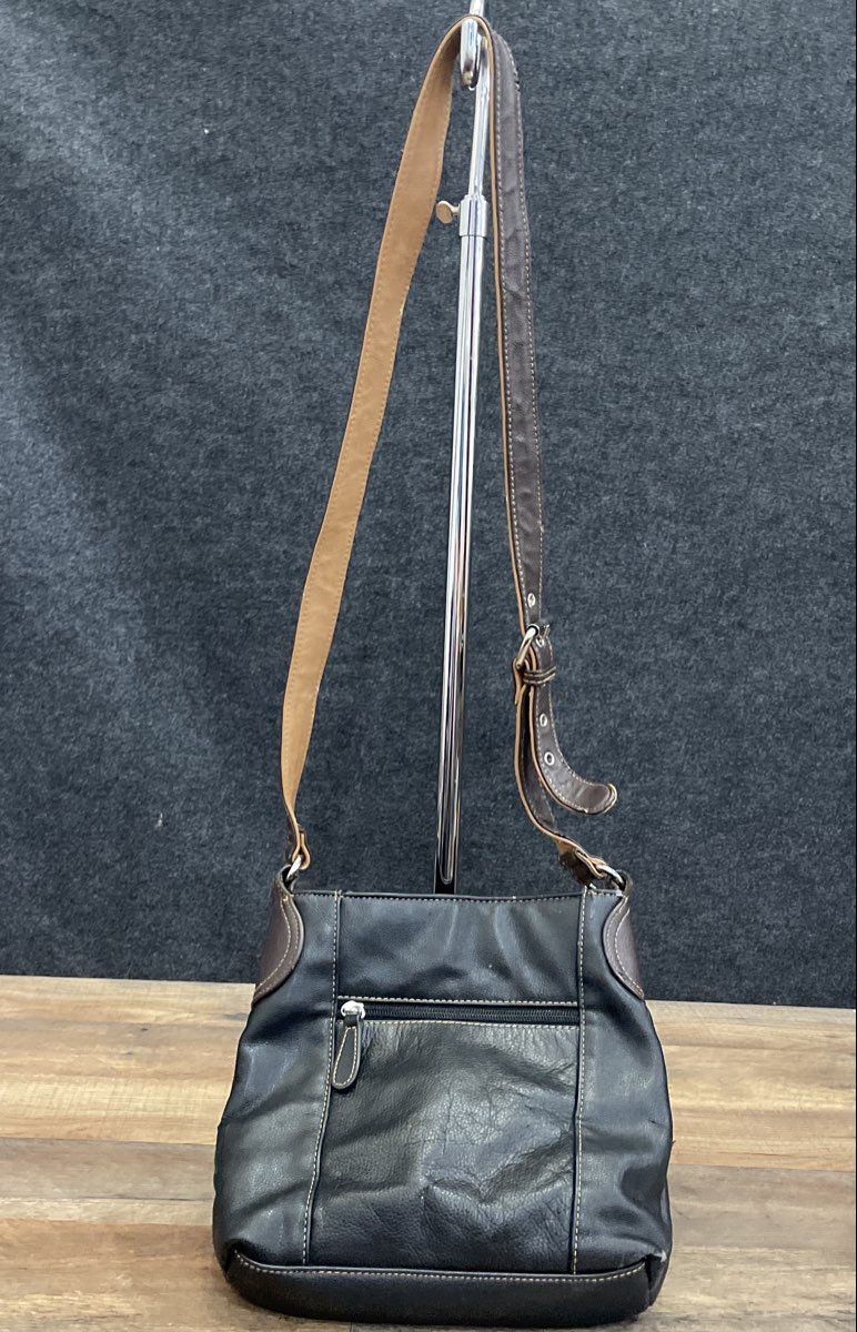 Stone & Co Black Pebbled Leather Crossbody Shoulder Bag Brown Trim