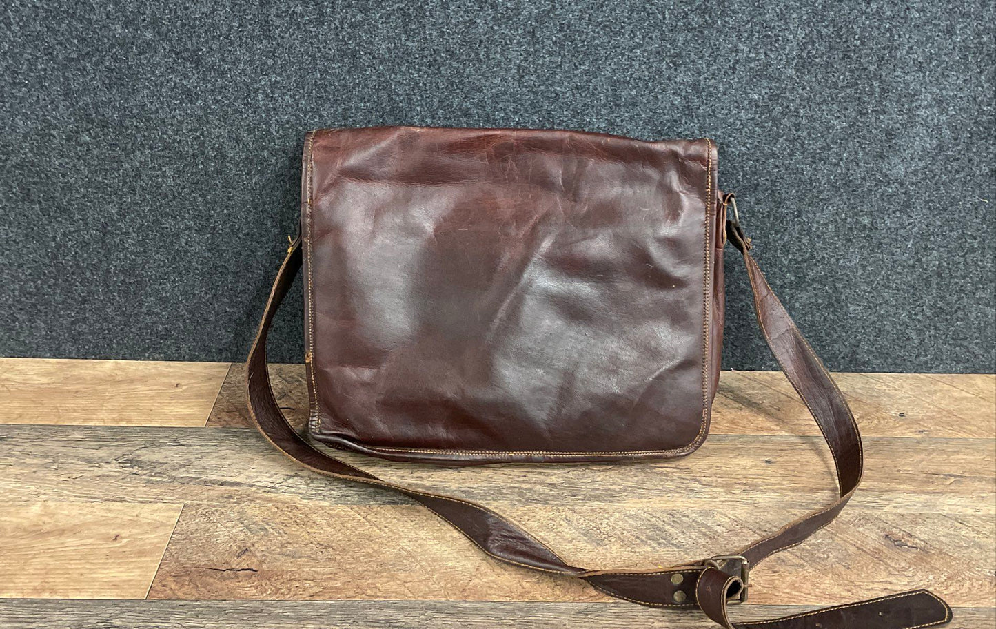 Vintage Brown Leather Messenger Bag Satchel Crossbody Large Brass Hardware