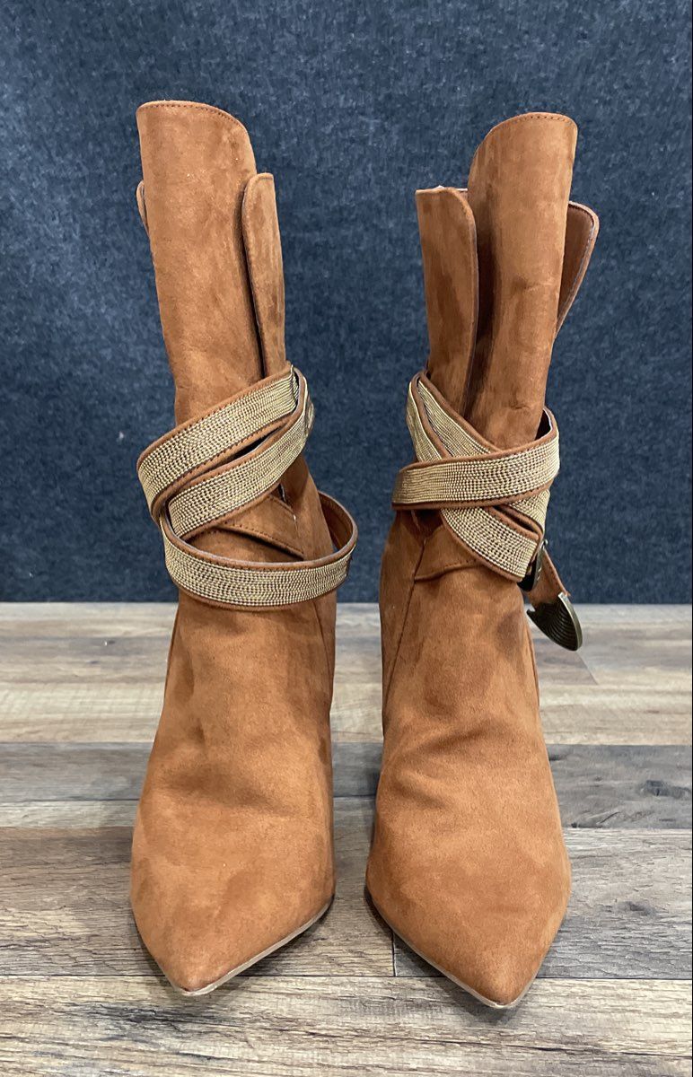 Women's Tan Faux Suede Pointed Toe Block Heel Strap Mid Calf Boots Size 7
