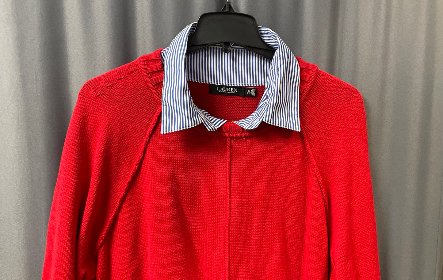 Lauren Ralph Lauren Women's Red Sweater Faux Layered Shirt Collar Hem Sz 3XL