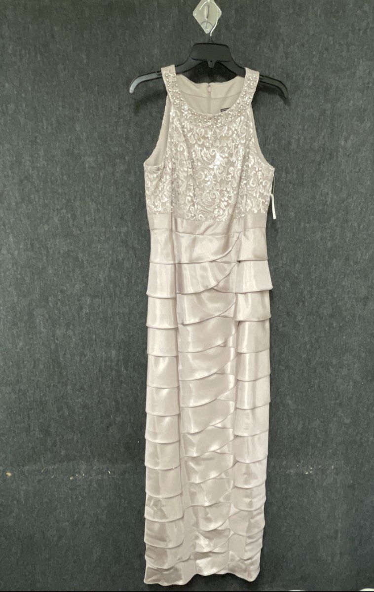 Jessica Howard Womens Cocktail Dress Champagne Sequin Lace Tiered Sheath Sz 10
