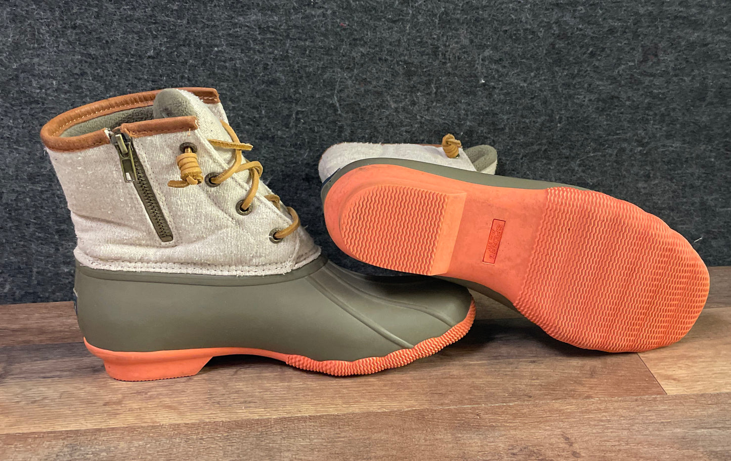 Sperry Saltwater Olive Canvas Orange Waterproof Duck Boots Women's Size 9