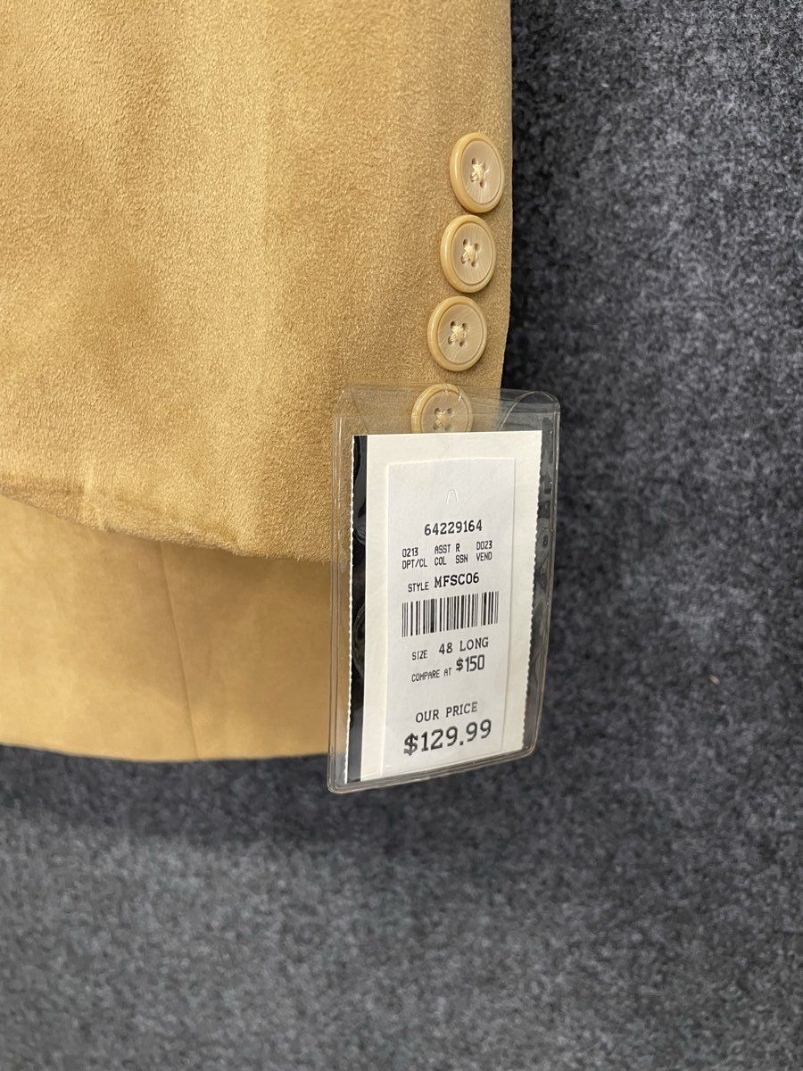 S&K Famous Brands Men's Tan Faux Suede 3-Button Blazer Jacket NWT Sz 48 Long