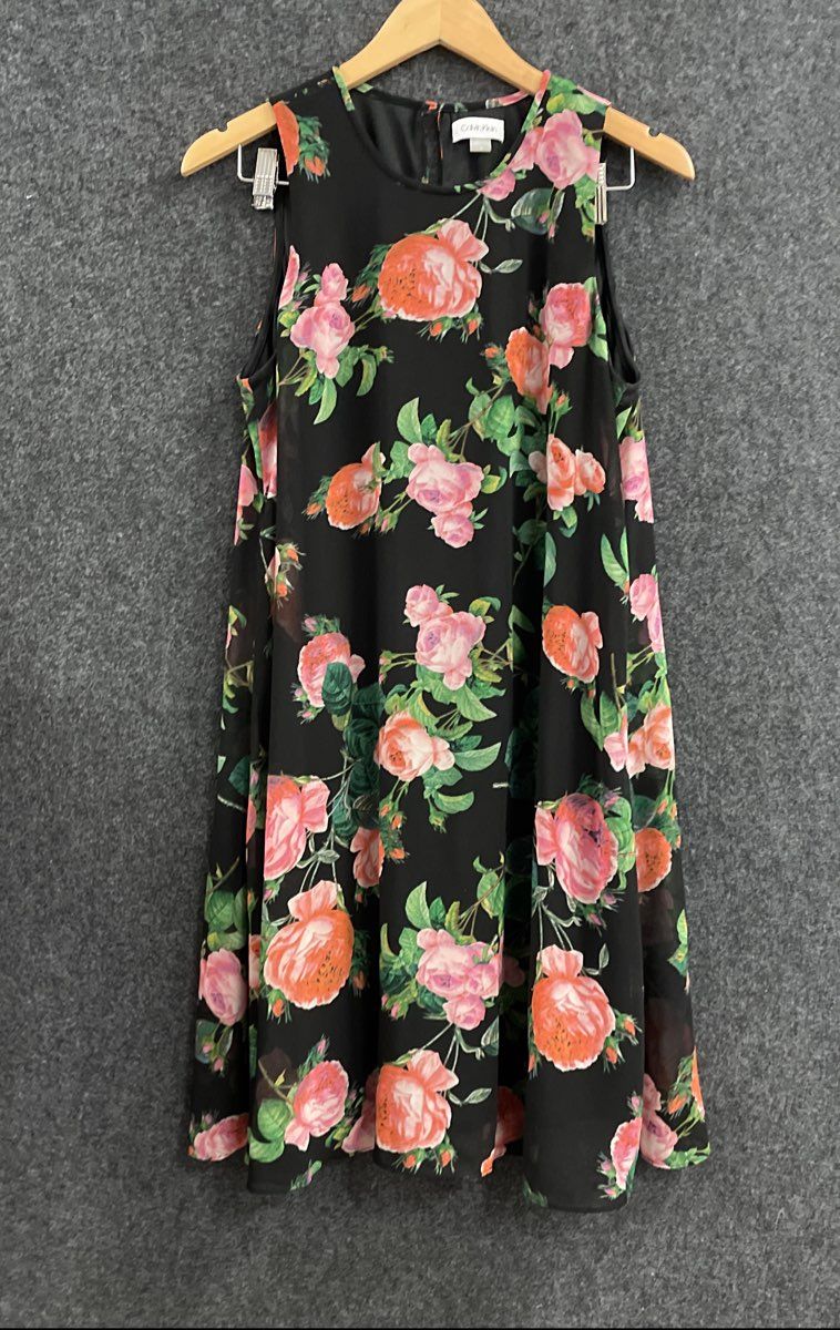 Calvin Klein Women's Black Floral Sleeveless Shift A-Line Dress Size 10
