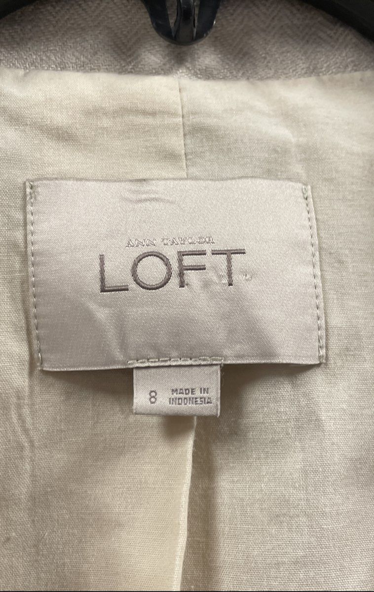 Loft Women's Beige 100% Linen Herringbone Open Front Cropped Blazer Sz 8