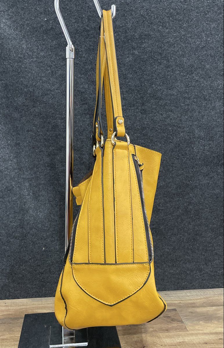 Yellow Leather Hobo Shoulder Bag Gold Tone Zipper Accents Large Tote