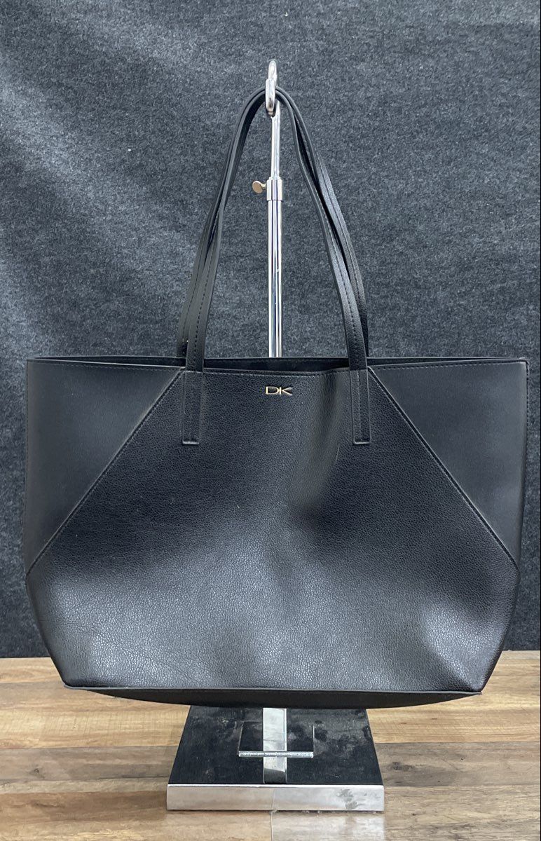 Donna Karan New York Black Pebbled Tote Bag Gold Tone DK Logo