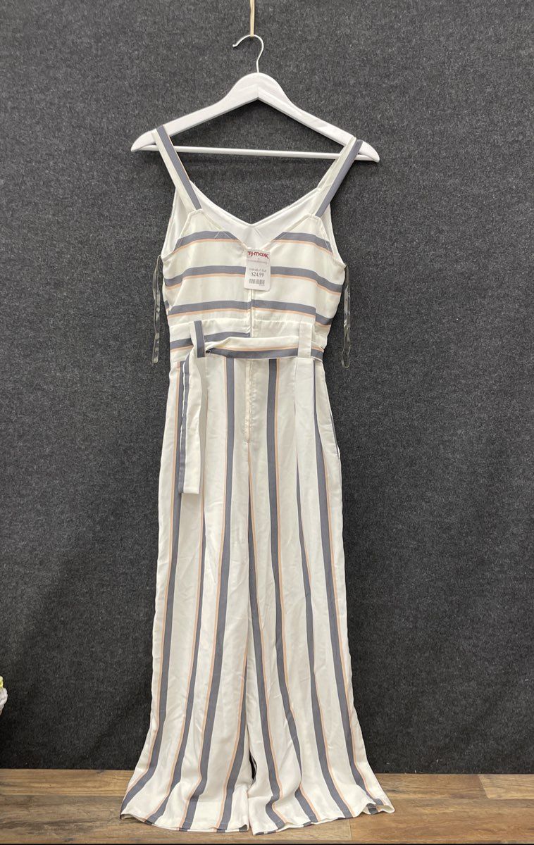 Crystal Sky Women's Jumpsuit White Blue Striped Cutout Wide Leg Sz 3 NWT