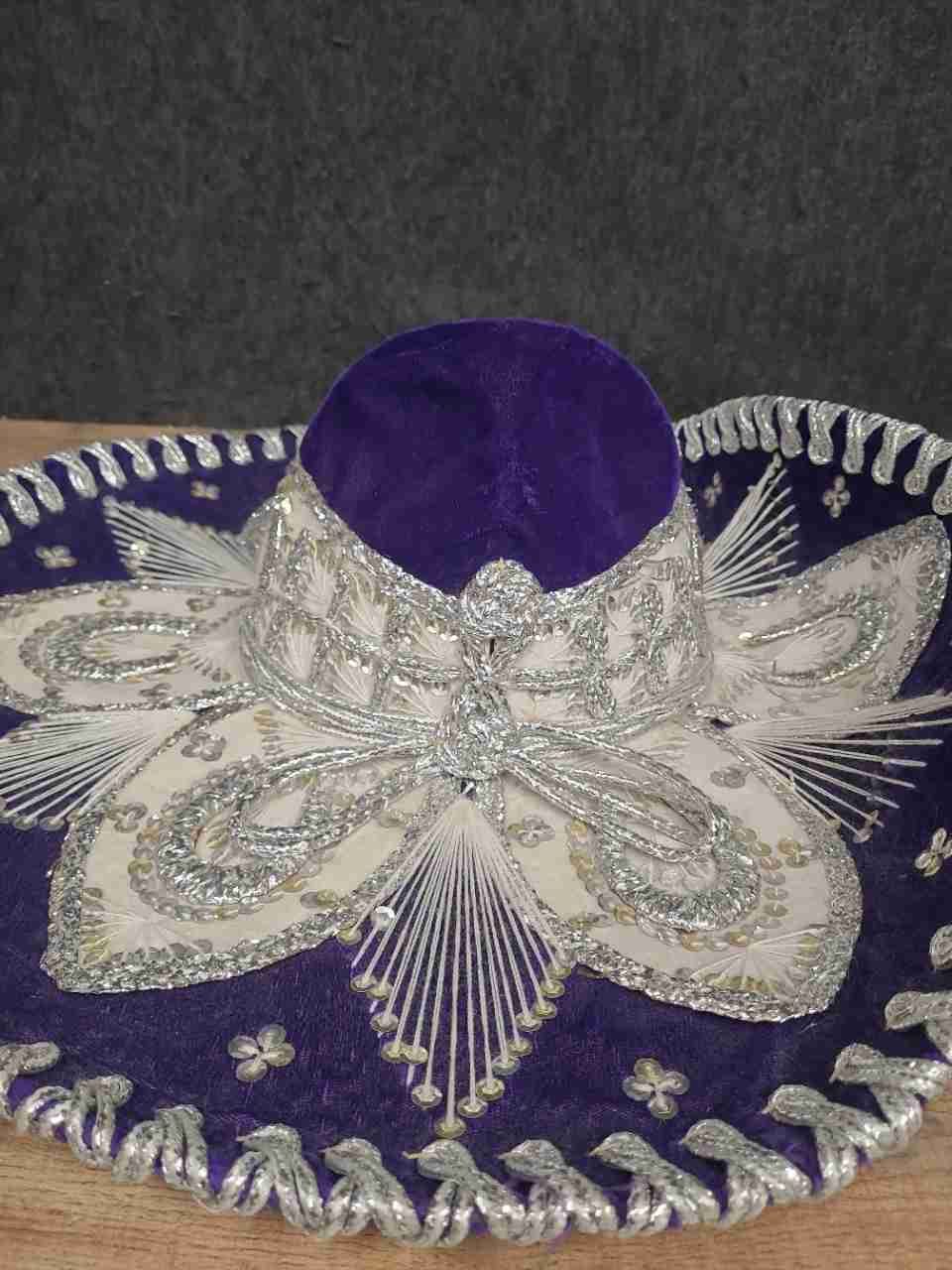 Vintage Pigalle Purple Velvet Mariachi Sombrero Silver Embroidered 21" Mexico
