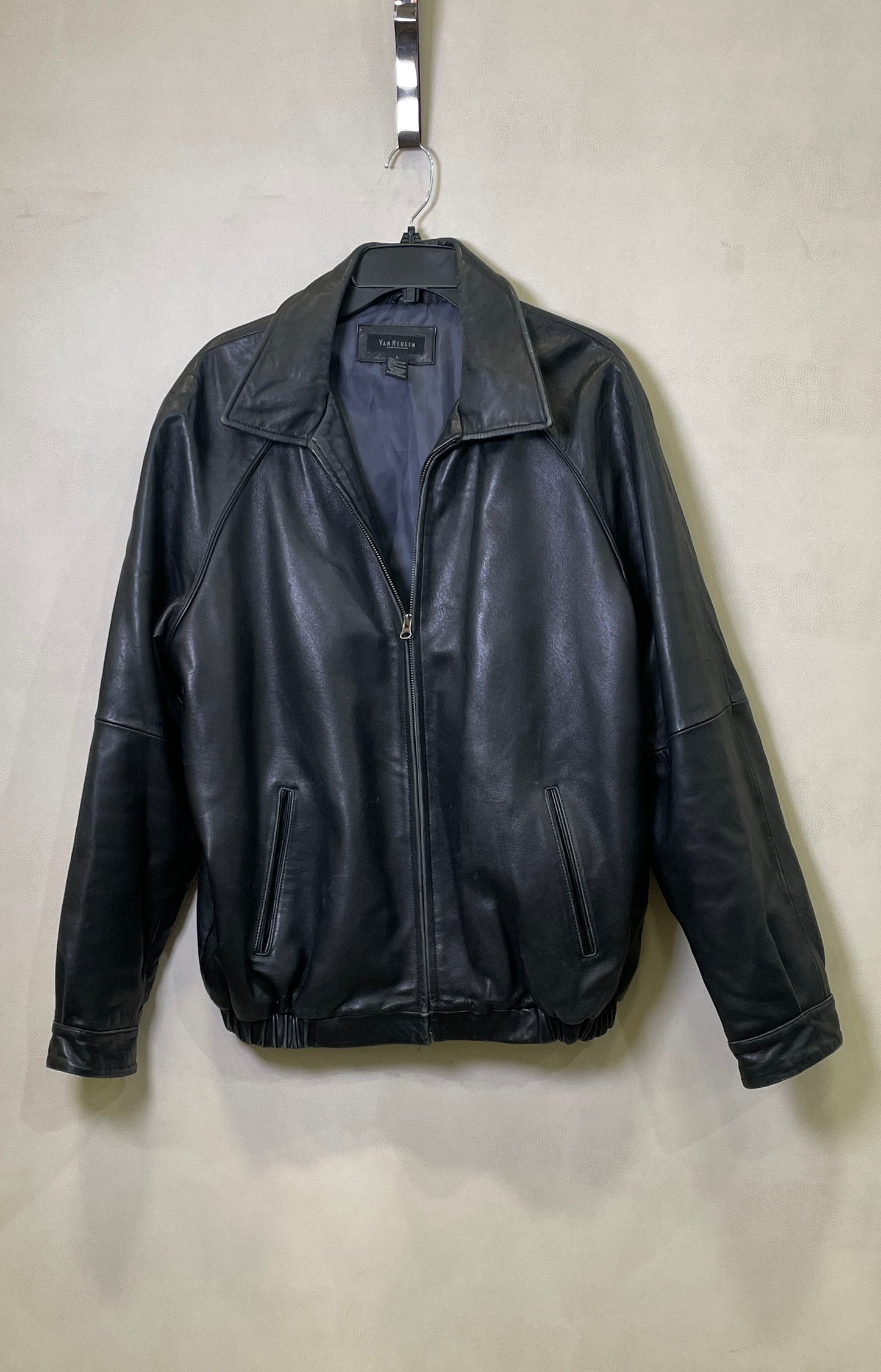 Van Heusen Men's Black Leather Bomber Jacket Full Zip Elastic Waist Sz L