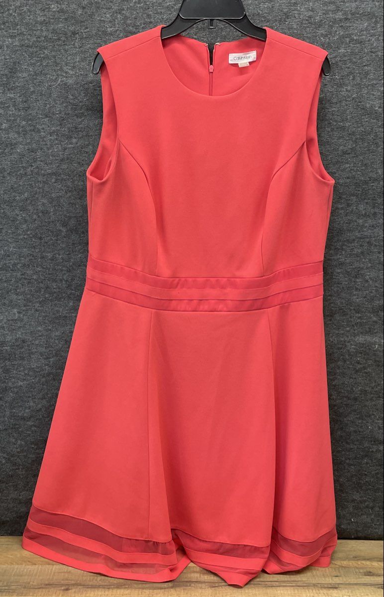 Calvin Klein Women's Pink Sleeveless Fit & Flare Dress Mesh Hem Sz 14