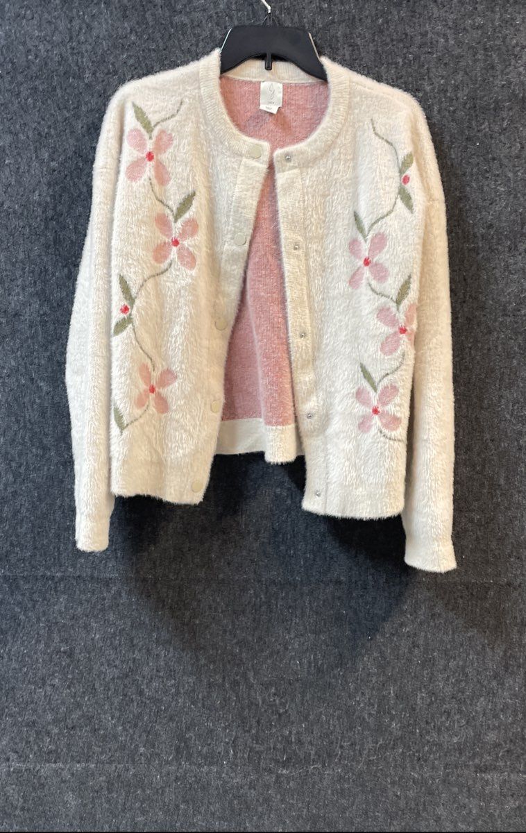 Joie Women's Cream Pink Floral Embroidered Eyelash Knit Cardigan Jacket Sz L