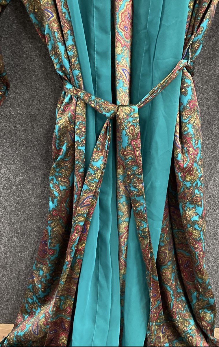 Vintage 90s Victoria's Secret Women's Teal Paisley Full Length Wrap Robe Sz L