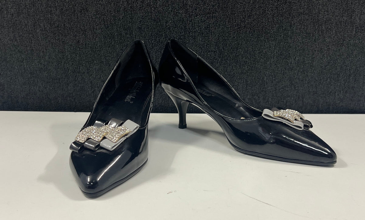 Midnight Velvet Black Patent Rhinestone Bow Pointed Toe Kitten Heels Size 10M