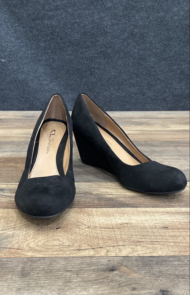 CL By Laundry Black Faux Suede Wedge Pump Heels Women's Size 8M