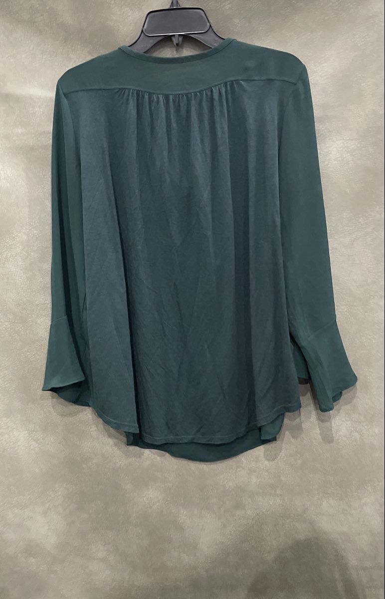 LOFT Women's Dark Green Split Neck Bell Sleeve Mixed Media Blouse Size M