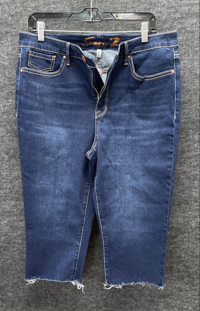 Seven7 Women's Dark Blue Wash Cropped Jeans Raw Frayed Hem Size 14