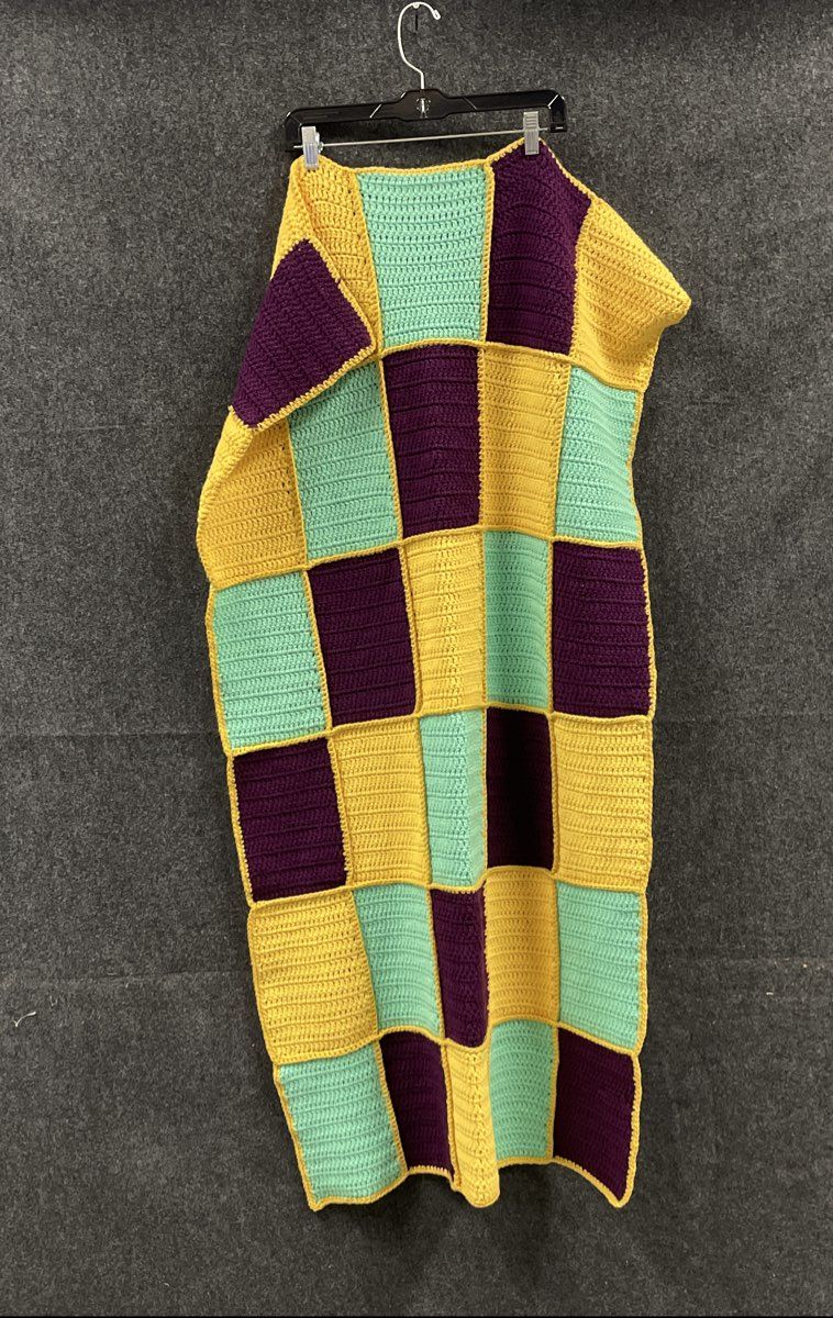 Handmade Multicolor Crochet Blanket Afghan Purple Yellow Teal Patchwork Block