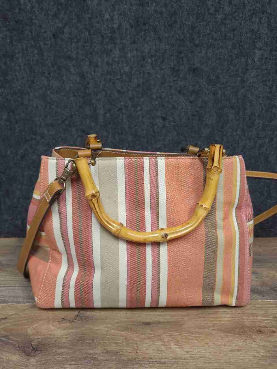 Fossil Striped Canvas Bamboo Handle Satchel Bag Pink Orange Multi-Color