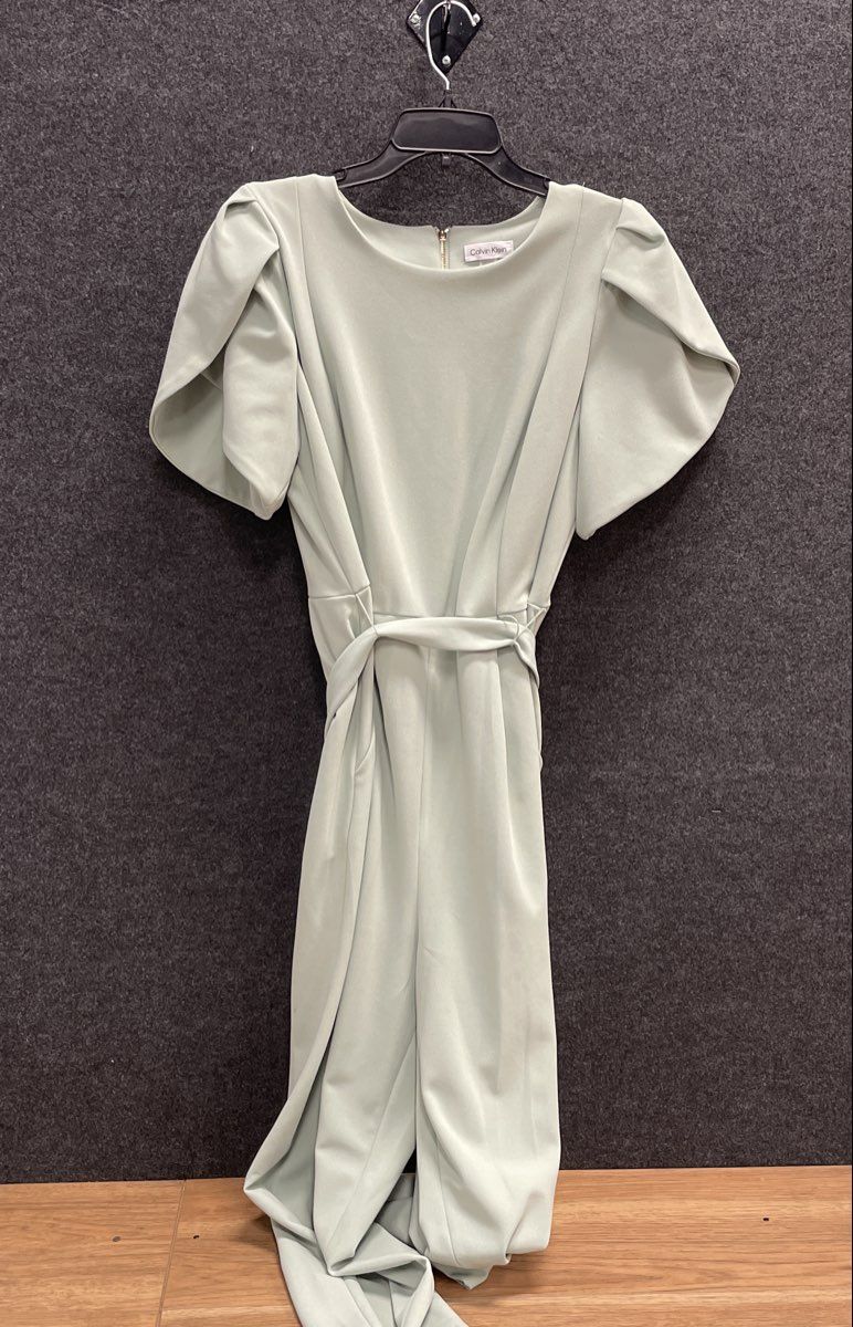 Calvin Klein Women's Sage Green Puff Sleeve Tie Waist Wide Leg Jumpsuit Size 16W