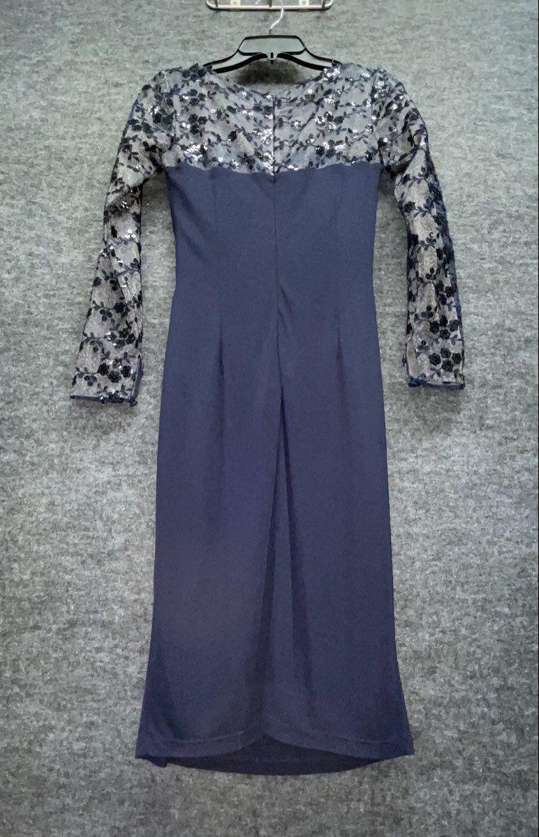 David Meister Navy Blue Floral Sequined Lace Top Ruched Sheath Dress Size 2