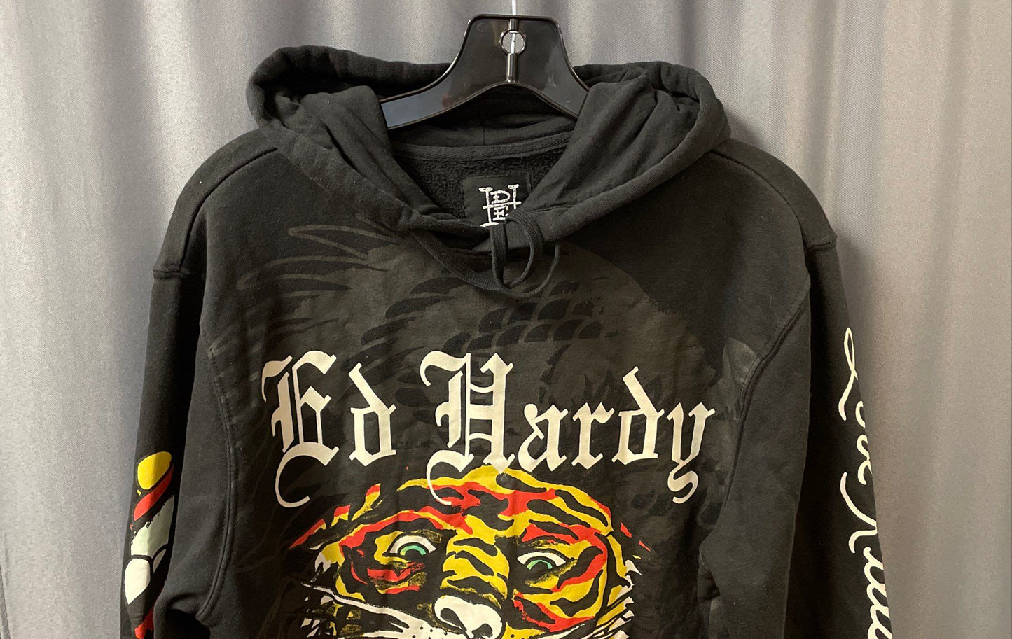 Vintage Ed Hardy Men's Black Tiger Graphic Hoodie Love Kills Slowly Y2K Sz S