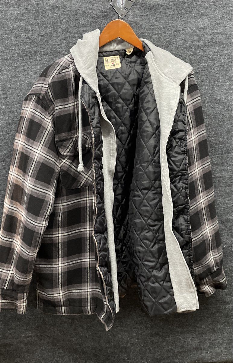 Red Head Men's Black Gray Plaid Flannel Hoodie Quilted Lined Shirt Jacket XL