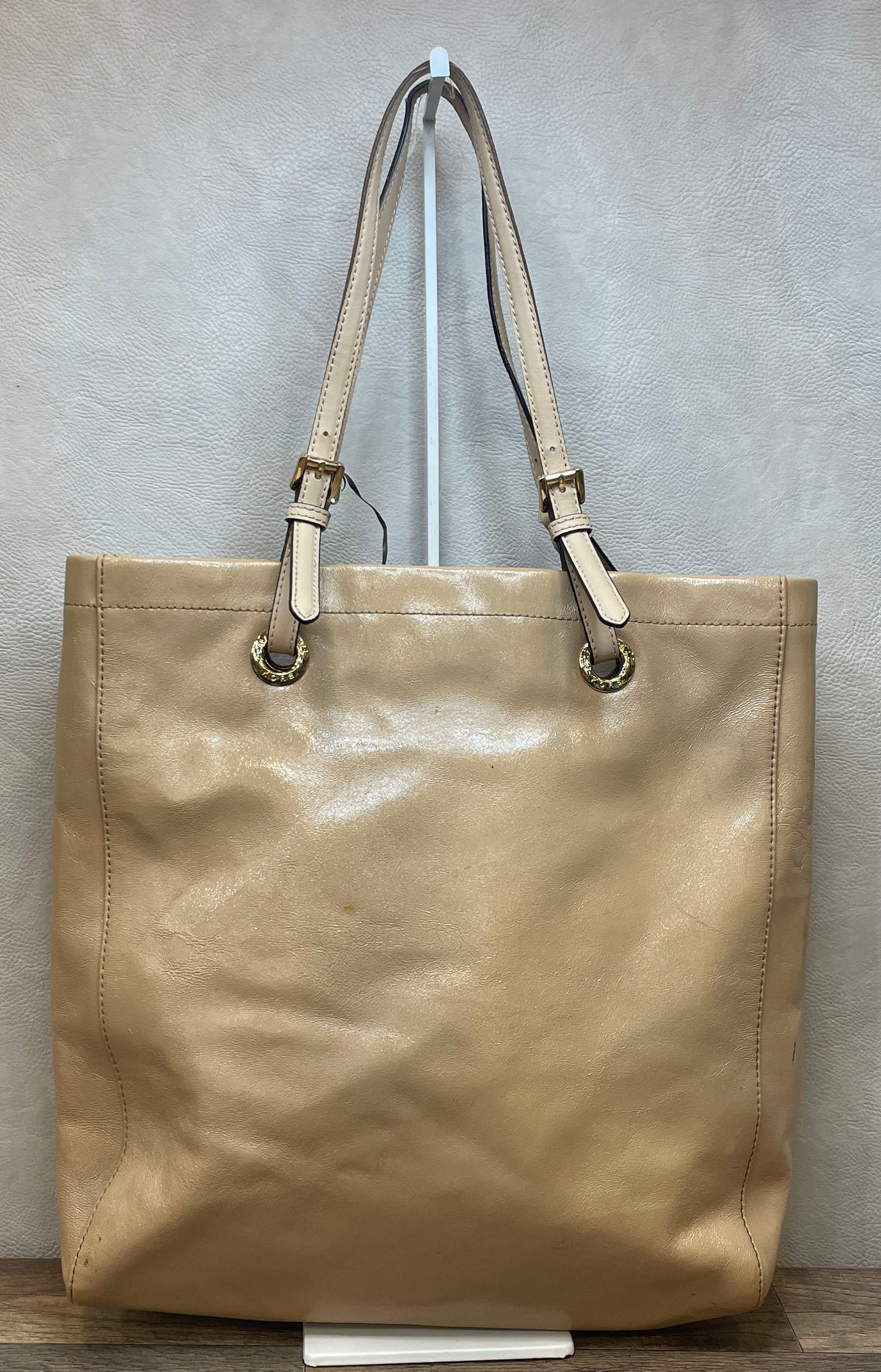 Michael Kors Beige Large Logo Charm Shoulder Tote Bag Gold Hardware