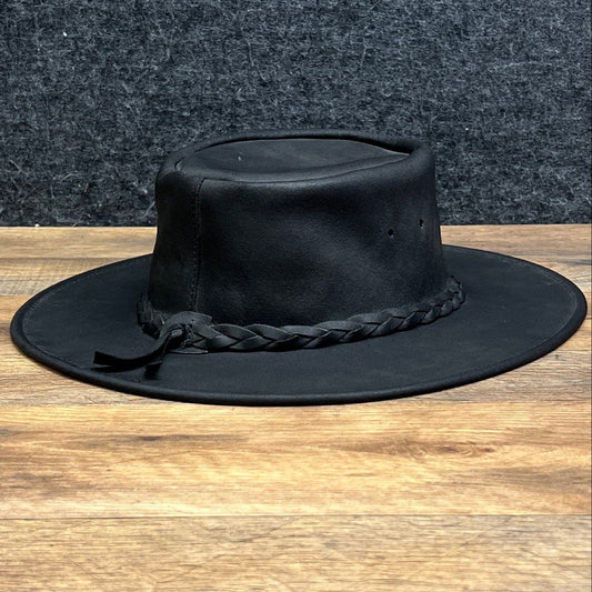 Minnetonka Unisex The Fold Up Hat Black Genuine Leather Braided Band Sz L