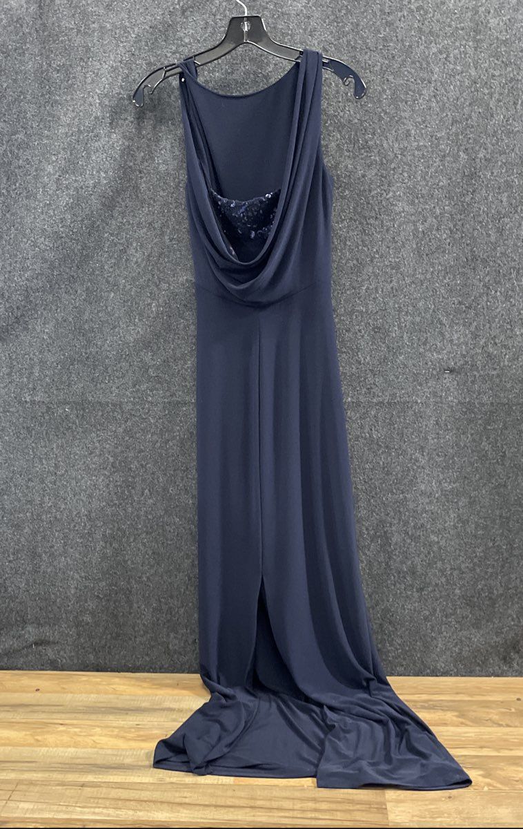 Lauren Ralph Lauren Women's Navy Sequin Cowl Back Draped Evening Gown Sz 4