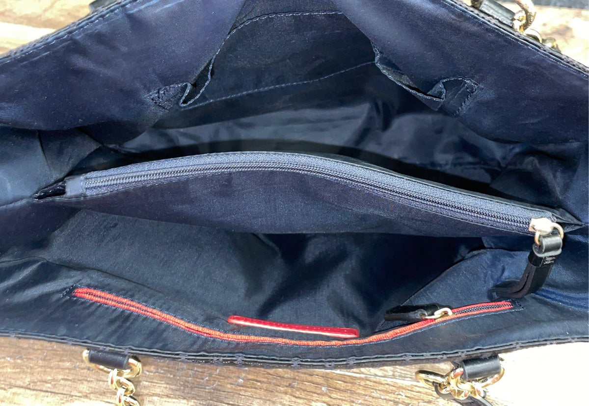 Tommy Hilfiger Black Monogram Jacquard Shoulder Tote Bag Gold Hardware
