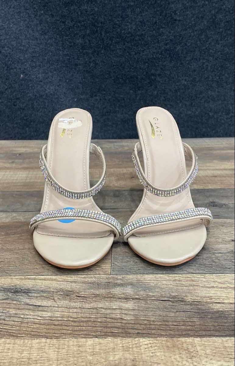 Glaze Nude Rhinestone Strappy Stiletto Heel Sandal Mules Women's Size 10