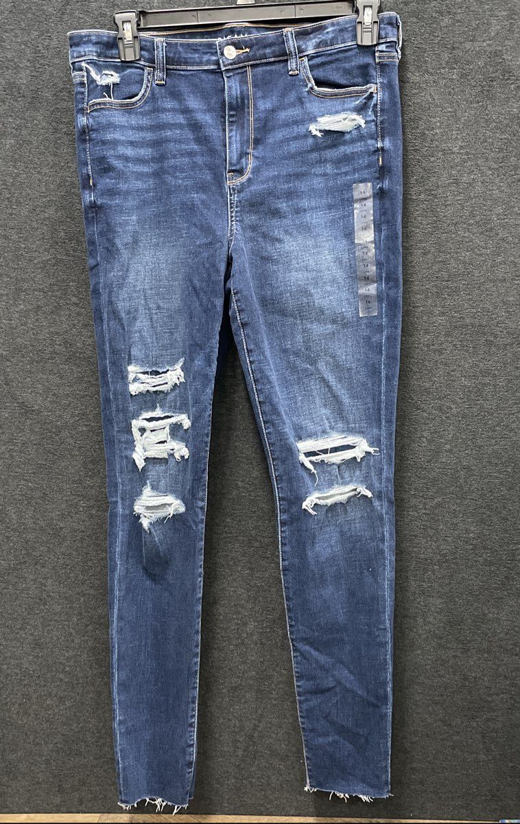 American Eagle Women's Blue High-Rise Jegging Distressed Raw Hem Sz 14 Long