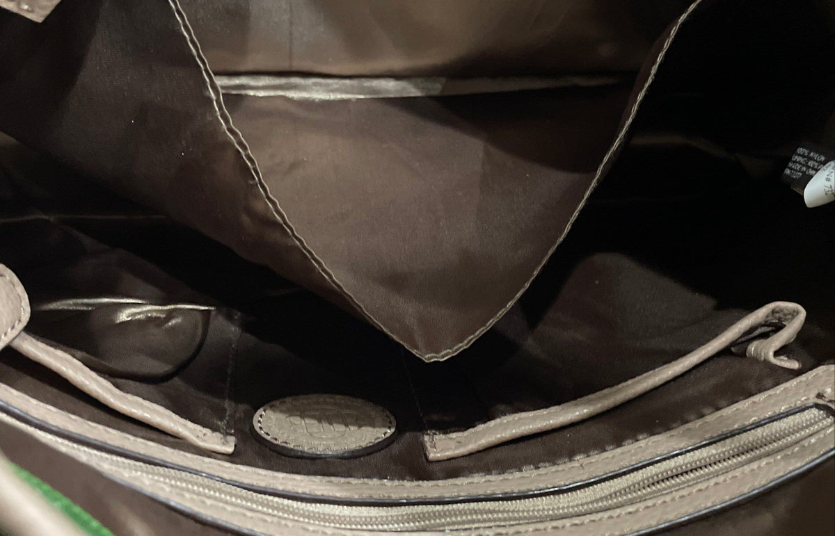 Dana Buchman Green Nylon Tote Bag Tan Faux Leather Trim Shoulder Purse Large