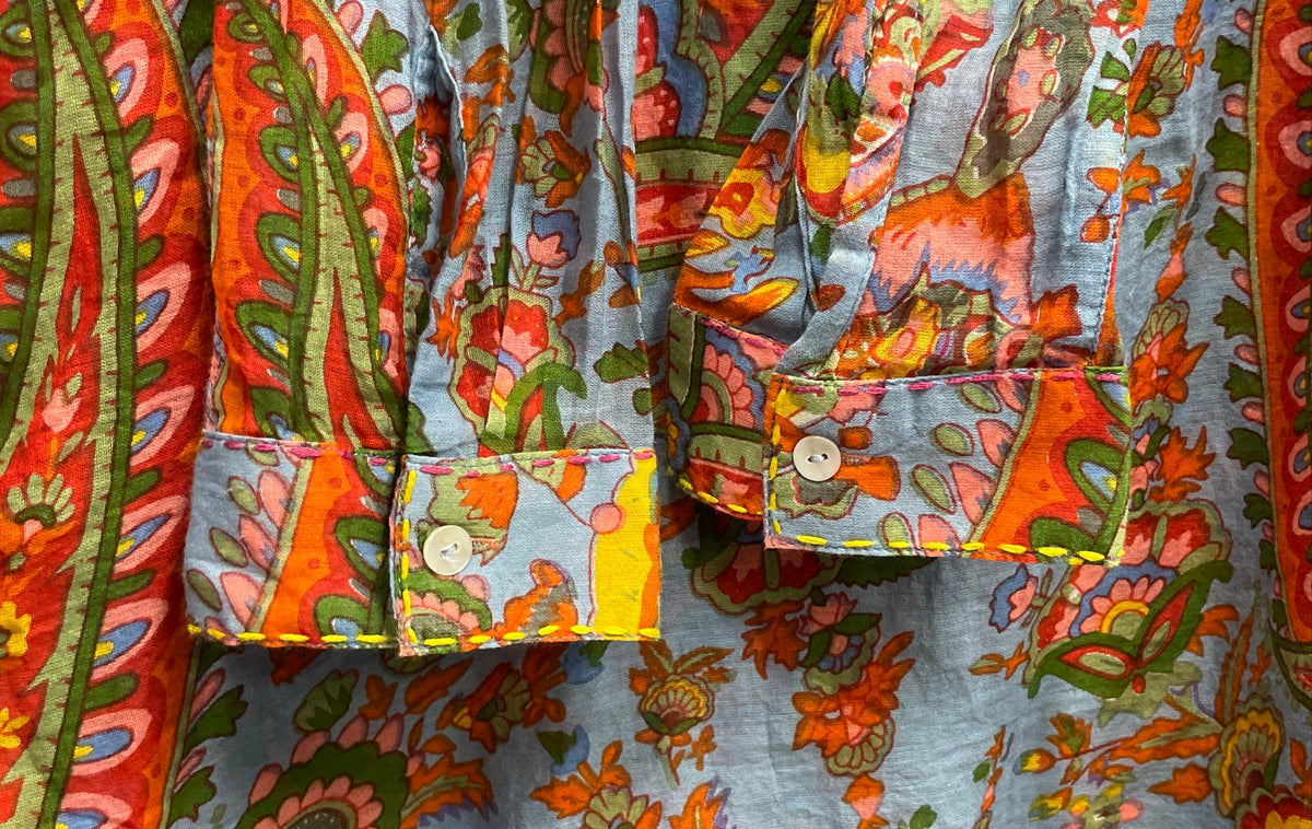 Dolma Women's Blue Multicolor Paisley Cotton Long Sleeve Tunic Blouse Size M
