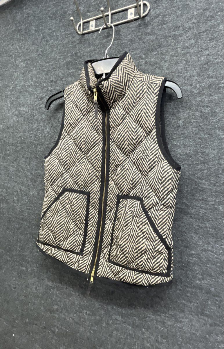 J.Crew Women's Black Tan Herringbone Quilted Puffer Vest Sz XS