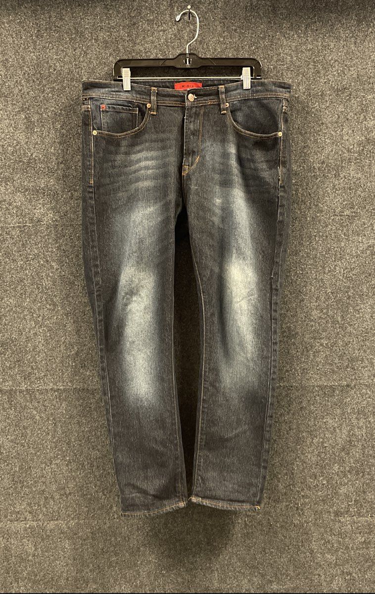 MBX Men's Dark Wash Blue Slim Fit Stretch Whiskered Distressed Jeans Sz 36x30