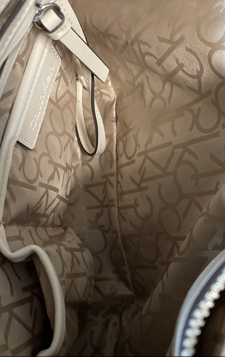 Calvin Klein White & Pink Monogram Canvas Satchel Shoulder Bag Purse