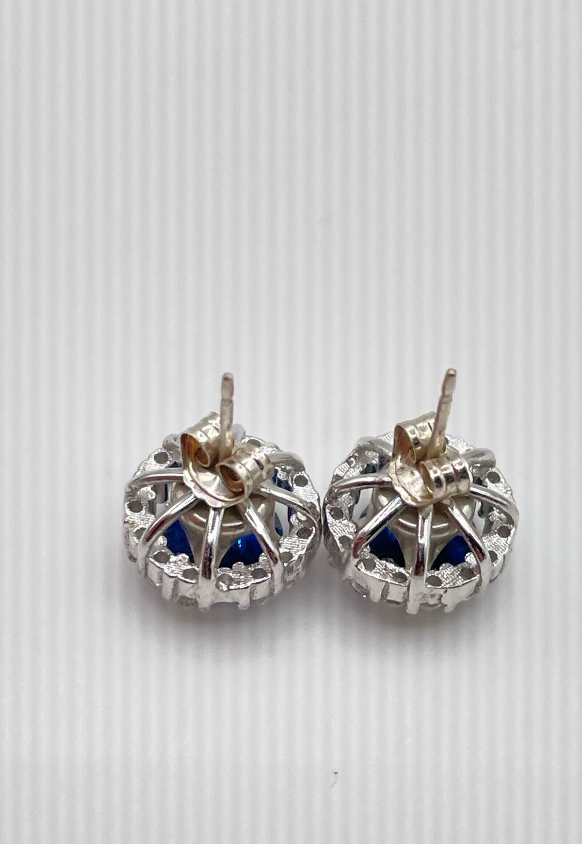 925 Sterling Blue Sapphire Stud Earrings & CZ Earring Jackets (Missing Stone) 2g