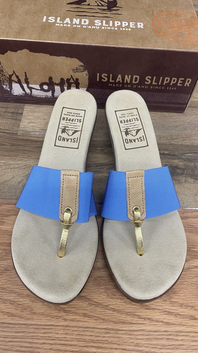 Island Slipper T810 Blue Gold Elastic Thong Wedge Sandals Women's Size 10